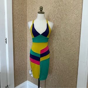 VTG Retro Colorblock Multicolor Halter Bodycon Dress